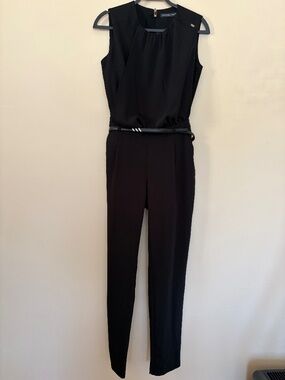 Vangeliza Black Sleeveless Jumpsuit with Draped Neckline & Belt